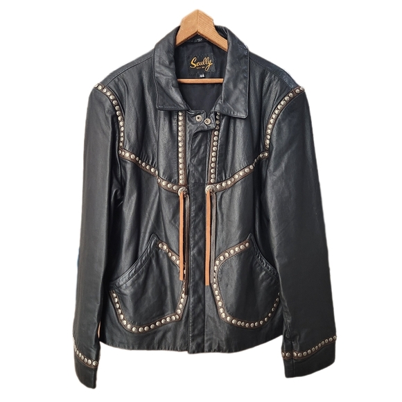 VINTAGE SCULLY Silver Studs and Conchos, Black Leather Jacket, Men's 44 - Picture 1 of 11